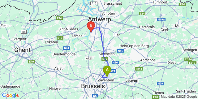 Map: Brussels Zaventem Airport (BRU) to Hemiksem