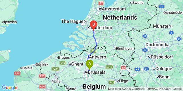 Map: Brussels Zaventem Airport (BRU) to Hendrik-Ido-Ambacht