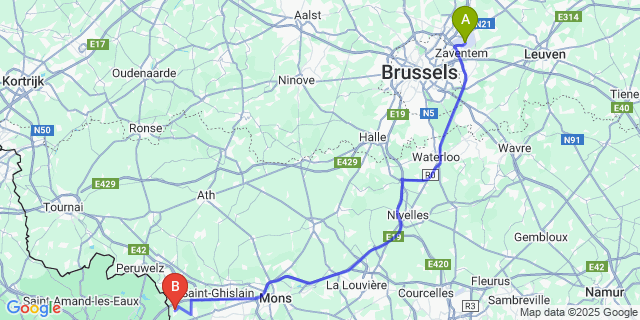 Map: Brussels Zaventem Airport (BRU) to Hensies