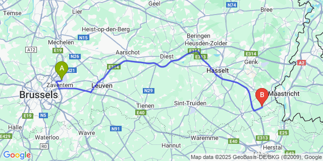 Map: Brussels Zaventem Airport (BRU) to Herderen