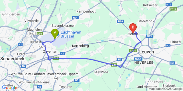Map: Brussels Zaventem Airport (BRU) to Herent
