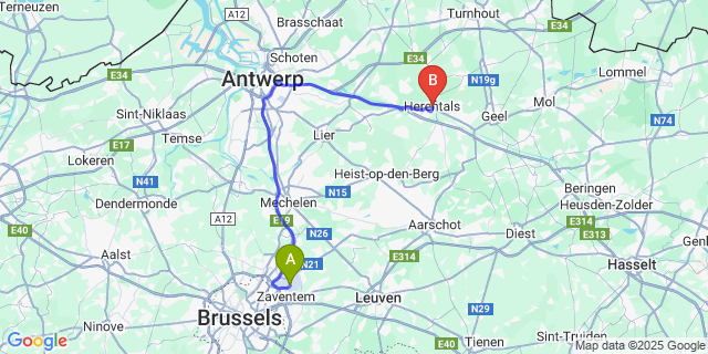 Map: Brussels Zaventem Airport (BRU) to Herentals
