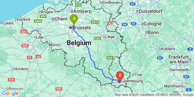 Map: Brussels Zaventem Airport (BRU) to Hesperange