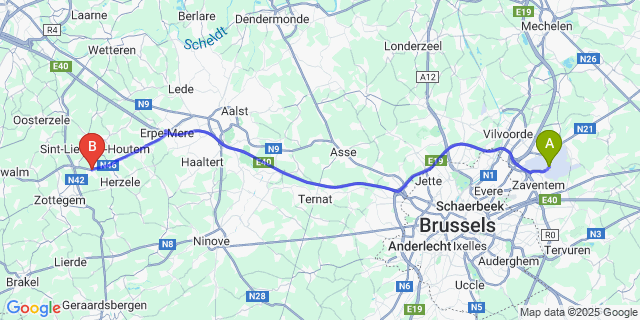 Map: Brussels Zaventem Airport (BRU) to Hillegem