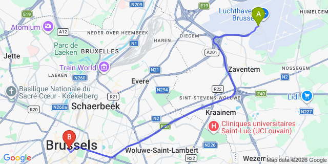 Map: Brussels Zaventem Airport (BRU) to Hilton Brussels Grand Place