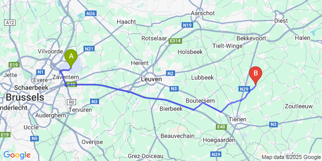 Map: Brussels Zaventem Airport (BRU) to Hoeleden