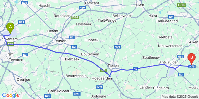 Map: Brussels Zaventem Airport (BRU) to Hoepertingen