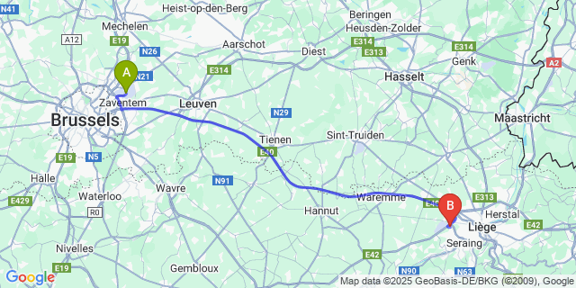 Map: Brussels Zaventem Airport (BRU) to Hollogne-Aux-Pierres
