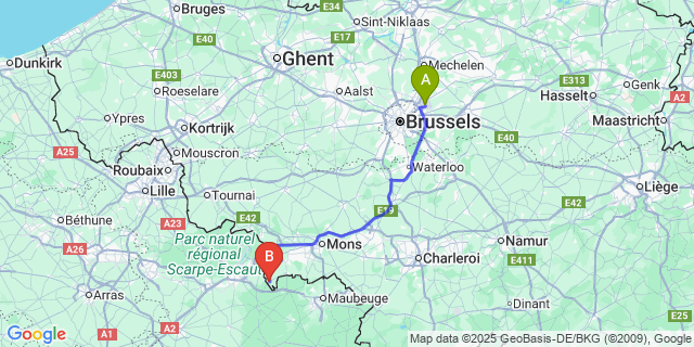 Map: Brussels Zaventem Airport (BRU) to Honnelles
