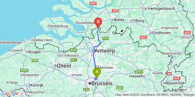 Map: Brussels Zaventem Airport (BRU) to Horendonk