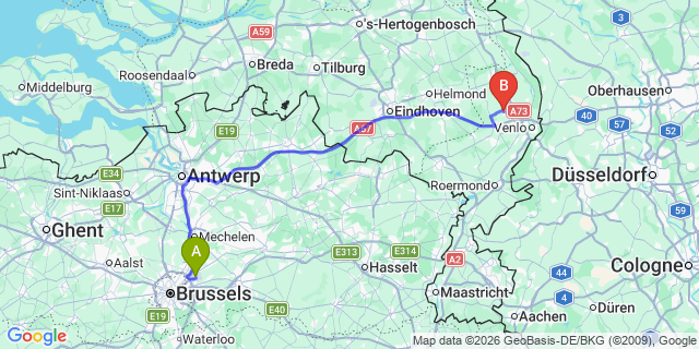 Map: Brussels Zaventem Airport (BRU) to Horst aan de Maas