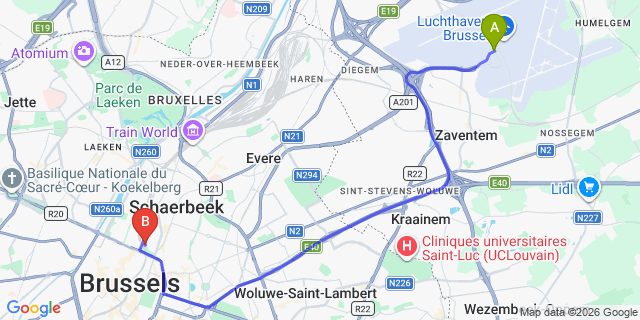 Map: Brussels Zaventem Airport (BRU) to Hotel Albergo, Brussels