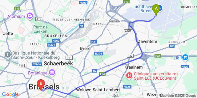 Map: Brussels Zaventem Airport (BRU) to Hotel Alma Grand Place, Brussels
