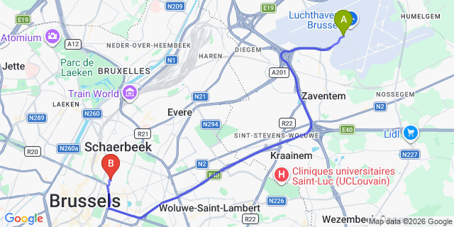 Map: Brussels Zaventem Airport (BRU) to Hotel Botanique, Brussels