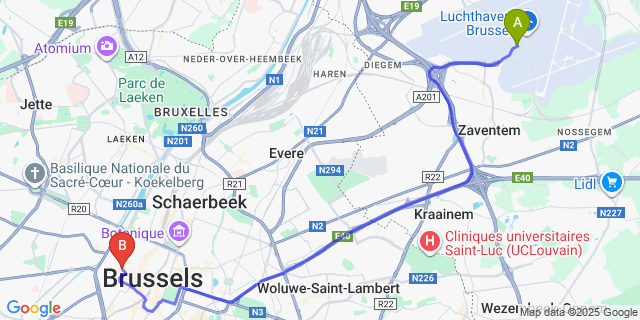 Map: Brussels Zaventem Airport (BRU) to Hotel Cafe, Brussels