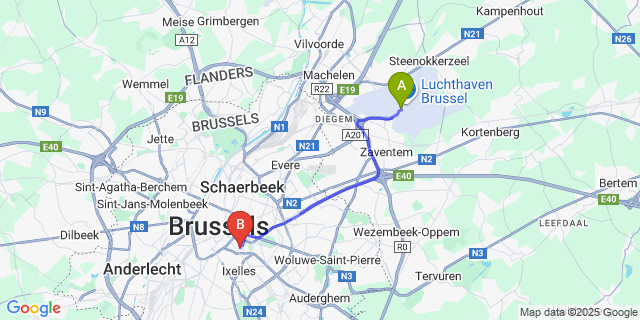 Map: Brussels Zaventem Airport (BRU) to Hotel du Parlement, Brussels