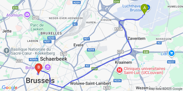 Map: Brussels Zaventem Airport (BRU) to Hotel Esperance, Brussels