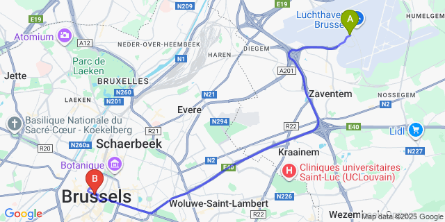 Map: Brussels Zaventem Airport (BRU) to Hotel Hubert - Grand Place, Brussels