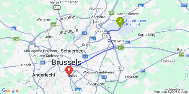 Map: Brussels Zaventem Airport (BRU) to Hotel Le Châtelain, Brussels