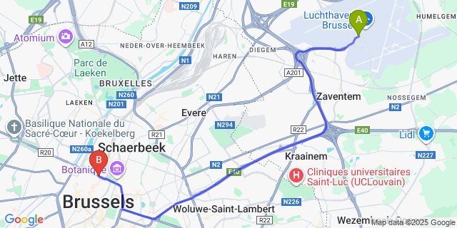 Map: Brussels Zaventem Airport (BRU) to Hotel Le Dome, Brussels