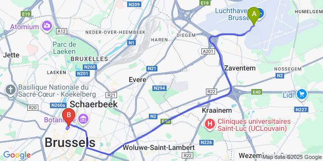 Map: Brussels Zaventem Airport (BRU) to Hotel Le Plaza Brussels