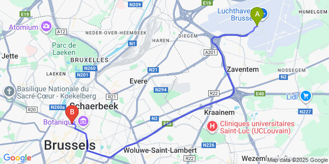 Map: Brussels Zaventem Airport (BRU) to Hotel Progress, Brussels