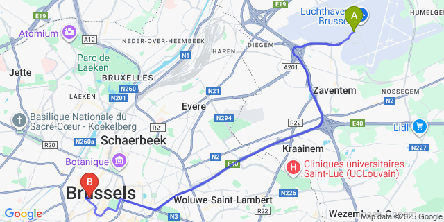 Map: Brussels Zaventem Airport (BRU) to Hotel Residence Le Quinze, Brussels