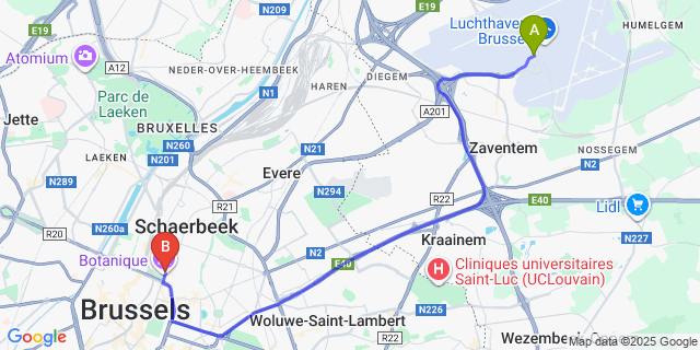 Map: Brussels Zaventem Airport (BRU) to Hotel Retro, Brussels