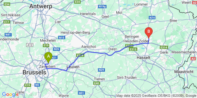 Map: Brussels Zaventem Airport (BRU) to Houthalen-Helchteren