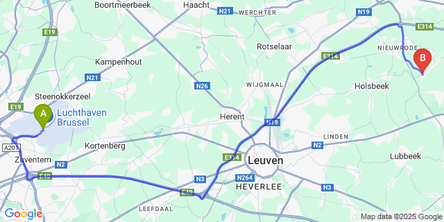 Map: Brussels Zaventem Airport (BRU) to Houwaart