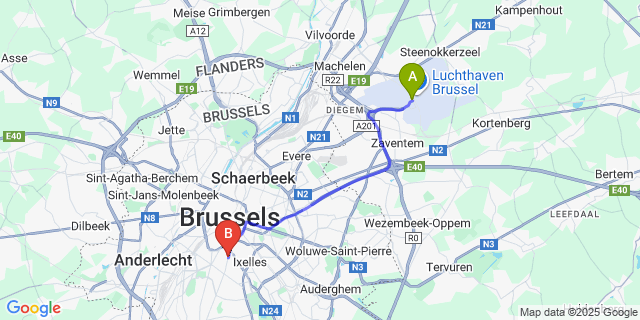 Map: Brussels Zaventem Airport (BRU) to ibis Styles Brussels Centre Stephanie