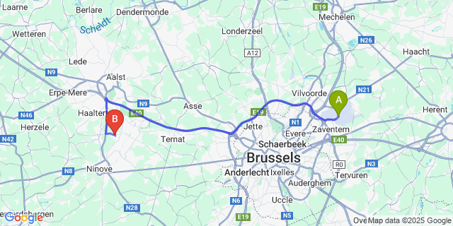Map: Brussels Zaventem Airport (BRU) to Iddergem