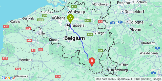 Map: Brussels Zaventem Airport (BRU) to Jamoigne