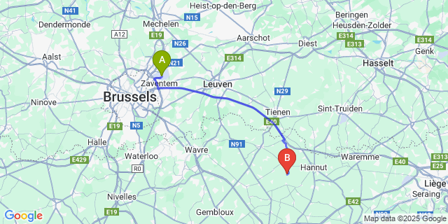 Map: Brussels Zaventem Airport (BRU) to Jandrain-Jandrenouille