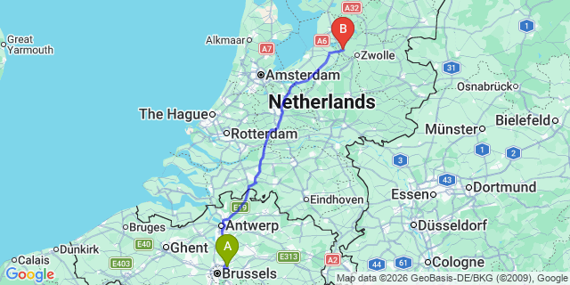Map: Brussels Zaventem Airport (BRU) to Kampen