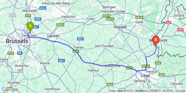 Map: Brussels Zaventem Airport (BRU) to Kanne