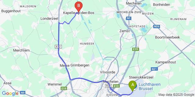 Map: Brussels Zaventem Airport (BRU) to Kapelle-op-den-Bos