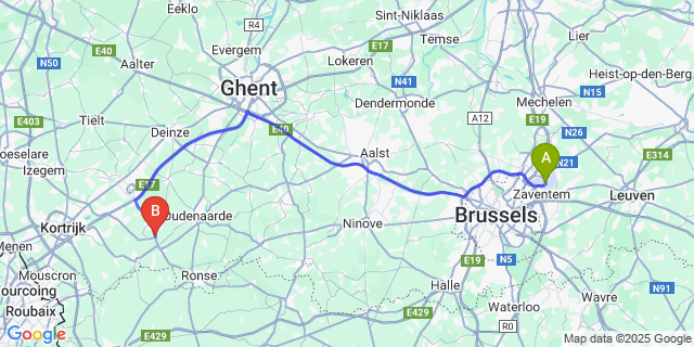 Map: Brussels Zaventem Airport (BRU) to Kaster