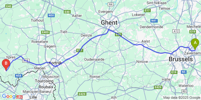 Map: Brussels Zaventem Airport (BRU) to Kemmel