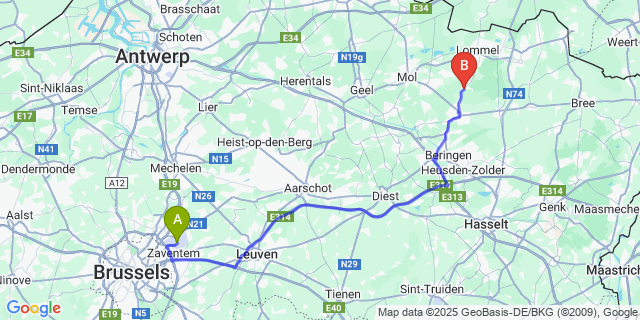 Map: Brussels Zaventem Airport (BRU) to Kerkhoven