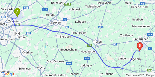 Map: Brussels Zaventem Airport (BRU) to Kerkom