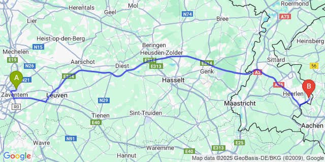 Map: Brussels Zaventem Airport (BRU) to Kerkrade