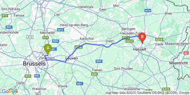 Map: Brussels Zaventem Airport (BRU) to Kiewit