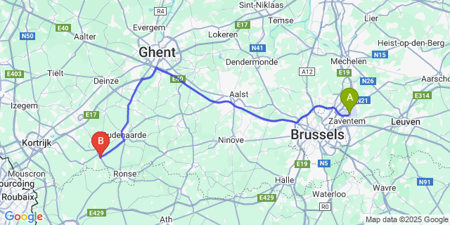 Map: Brussels Zaventem Airport (BRU) to Kluisbergen