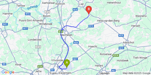 Map: Brussels Zaventem Airport (BRU) to Koningshooikt