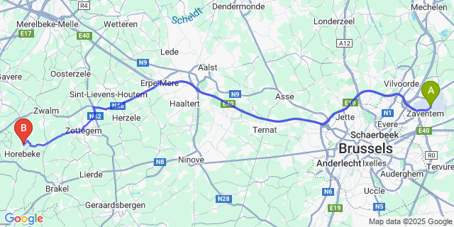 Map: Brussels Zaventem Airport (BRU) to Korsele