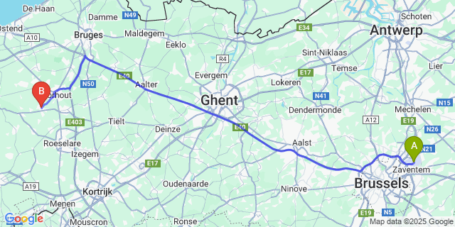 Map: Brussels Zaventem Airport (BRU) to Kortemark