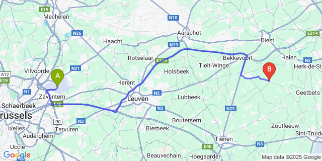 Map: Brussels Zaventem Airport (BRU) to Kortenaken