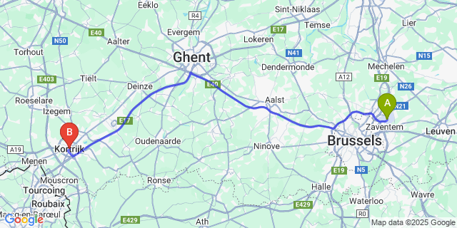 Map: Brussels Zaventem Airport (BRU) to Kortrijk
