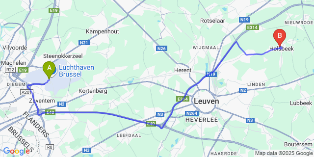 Map: Brussels Zaventem Airport (BRU) to Kortrijk-Dutsel